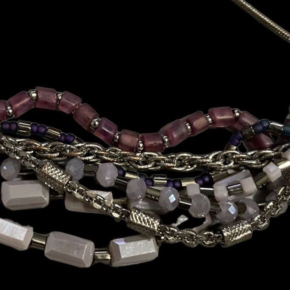 NEW Multi Strand Silver Tone Purple Slide Bracelet with Silver Gray Tassels - Picture 4 of 6